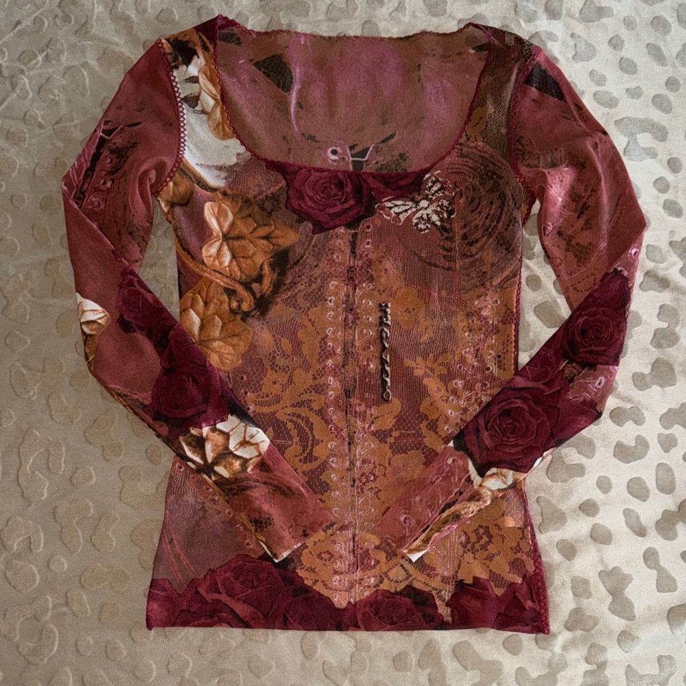 Ipse Gazebo made in Italy Floral Mesh Long Sleeve Top in Burgundy and Rust
